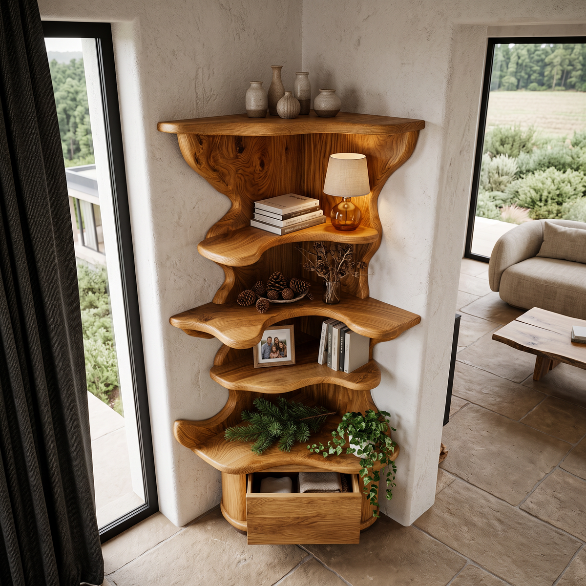 Modern Corner Bookshelf With Drawer Storage For Living Room