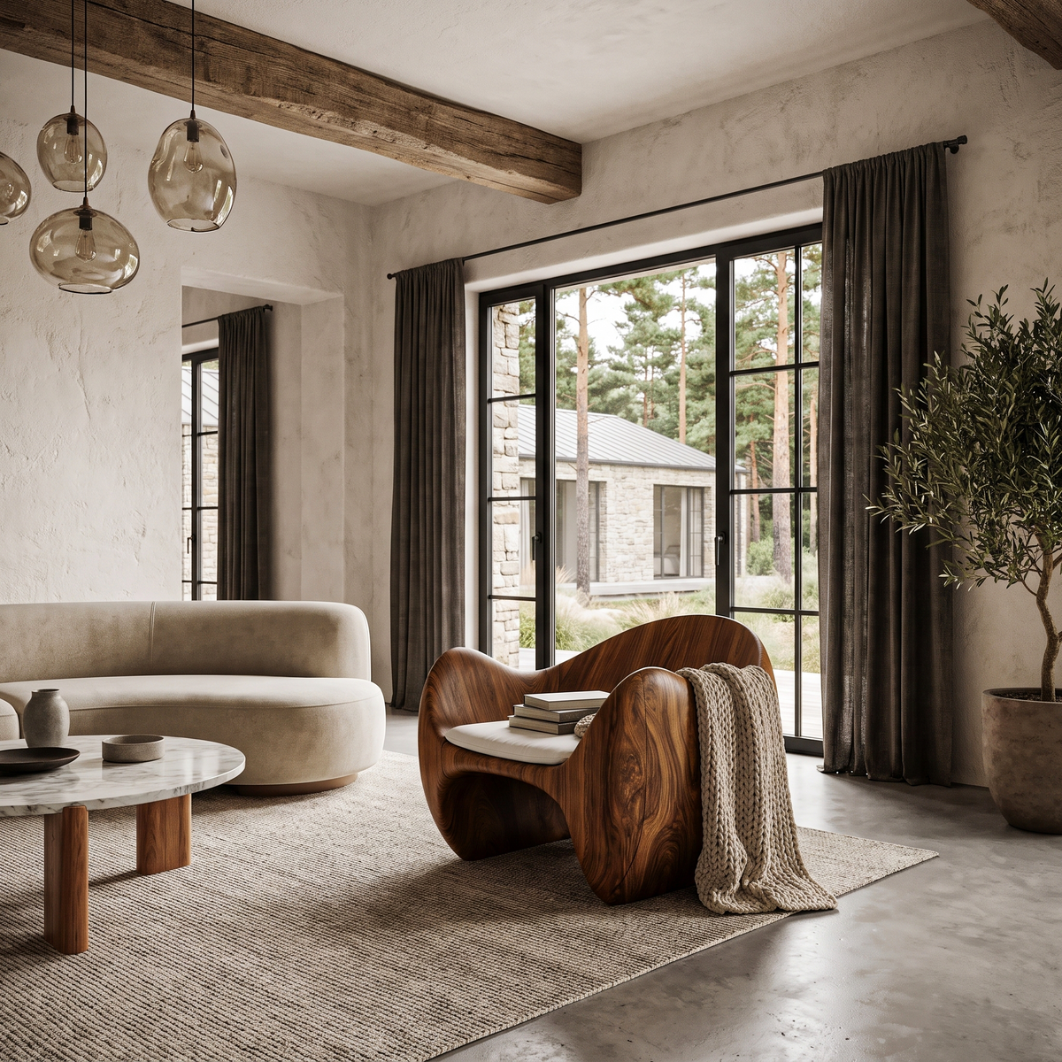 Modern Wooden Accent Chair With Sculptural Curved Frame For Living Room