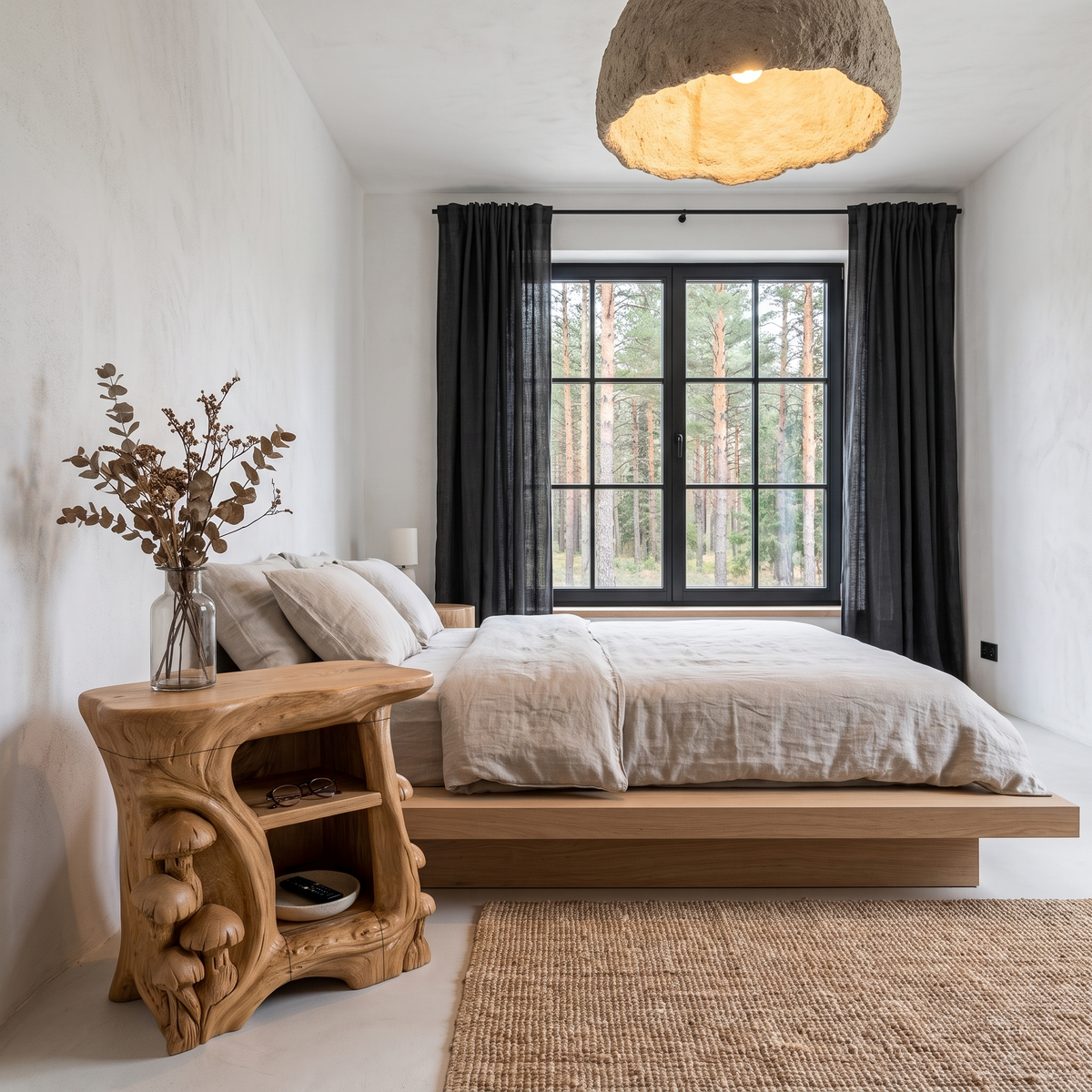 Organic Solid Wood Bedside Table With Sculptural Tree Branch Base
