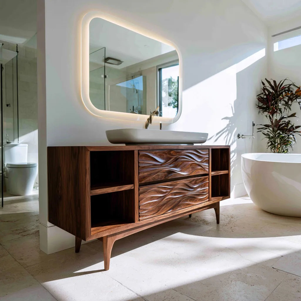 Modern Wave Carved Open Shelf Bathroom Vanity For Master Bathroom
