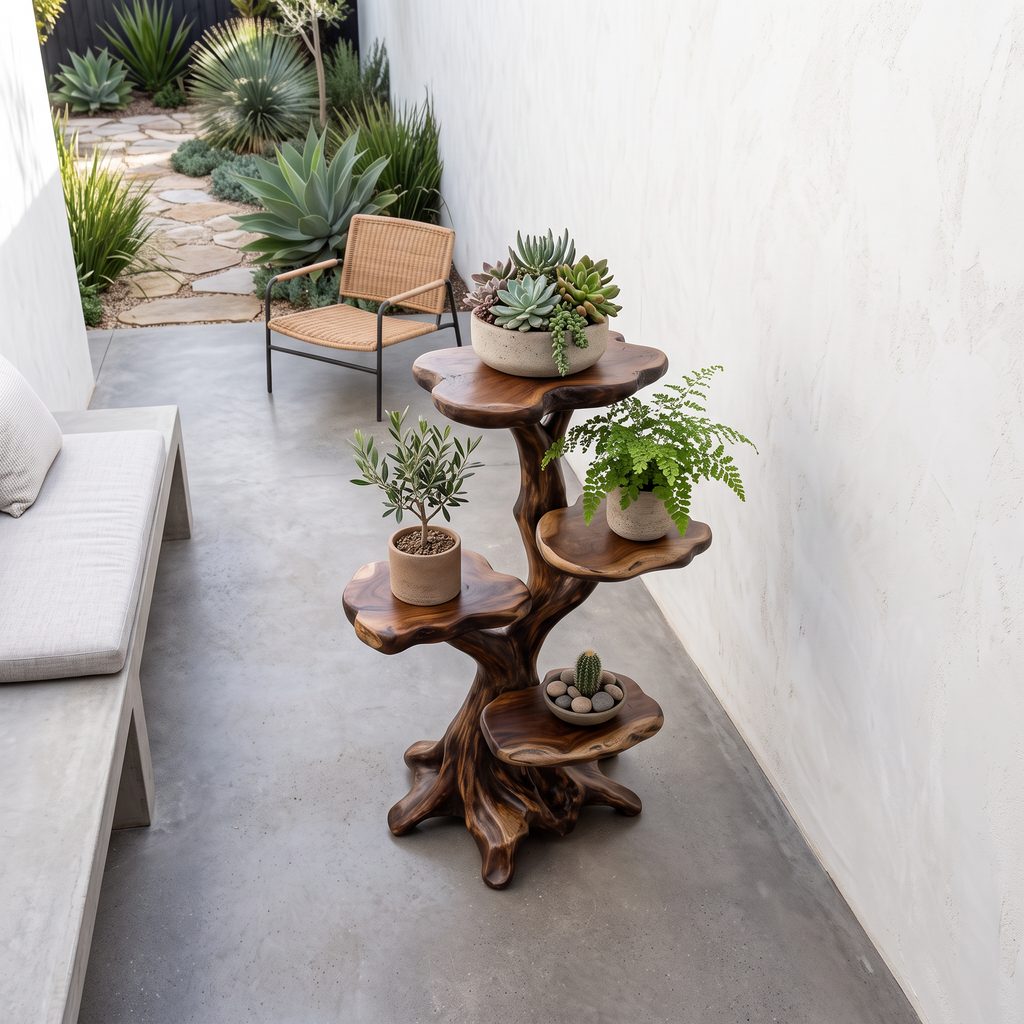 Organic Multi Tier Plant Stand With Sculptural Tree Design For Living Room And Sunroom