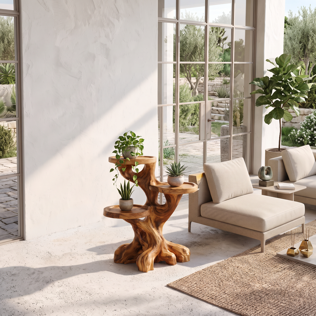 Rustic Indoor Plant Shelf With Tree Root Inspired Design For Living Room And Hallway