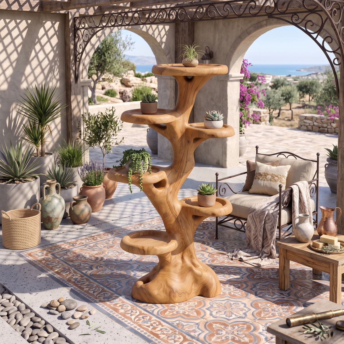 Rustic Multi Tier Plant Stand With Tree Stump Design For Patio And Sunroom