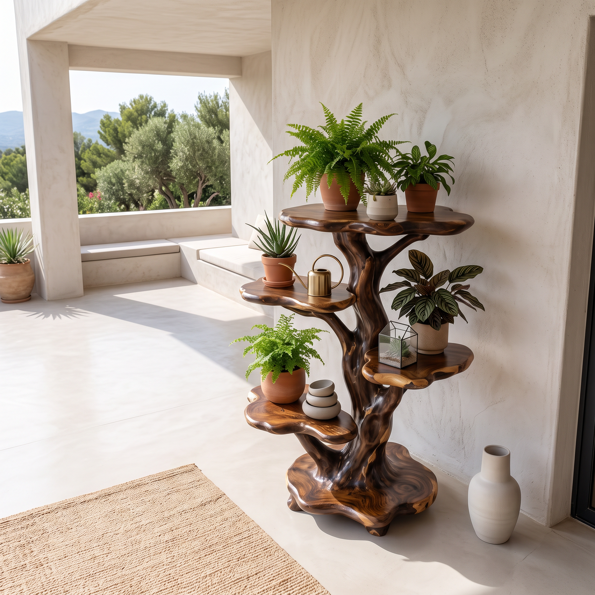 Natural Tree Plant Stand With Tiered Branch Shelves For Living Room And Entryway