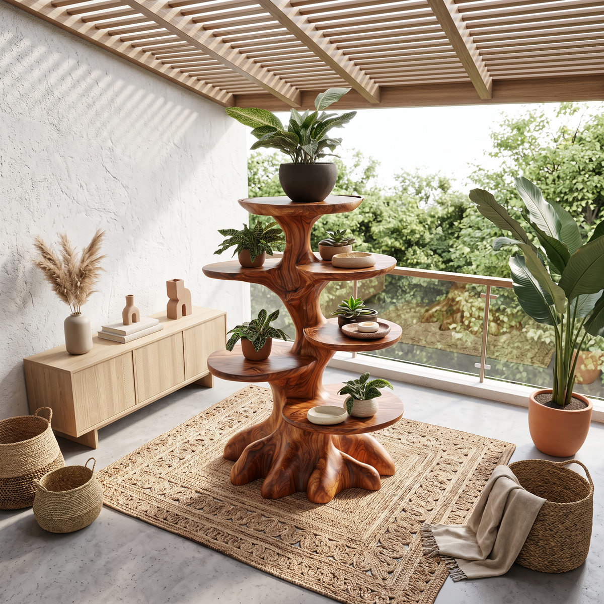 Rustic Indoor Plant Stand With Tree Stump Form For Sunroom And Patio