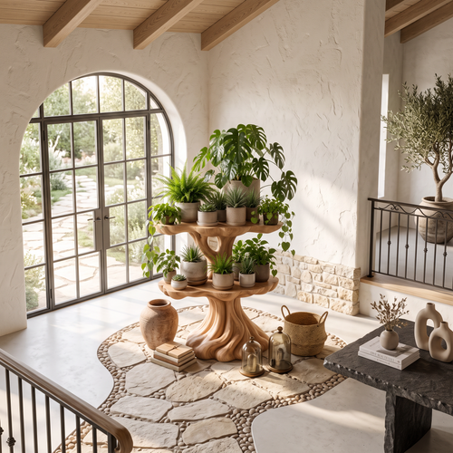 Contemporary Tiered Plant Shelf With Organic Branch Design For Living Room And Entryway