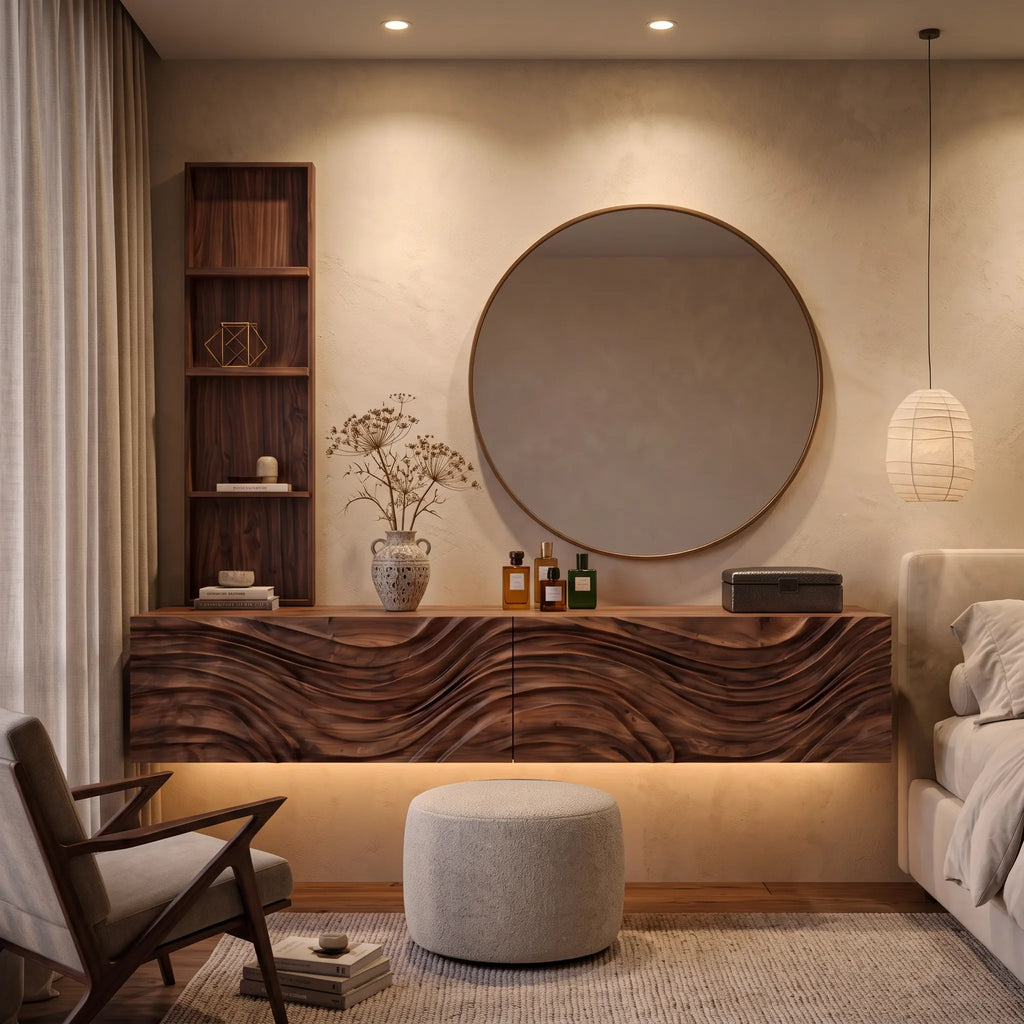 Modern Floating Makeup Vanity With Wall Mounted Storage For Luxury Bedroom