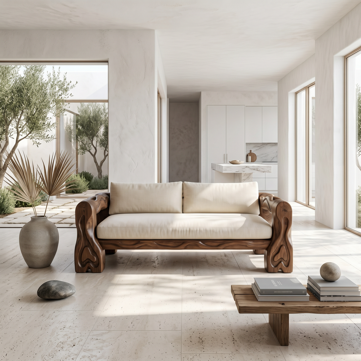 Organic Sofa Frame With Sculptural Open Loop Armrests For Living Room