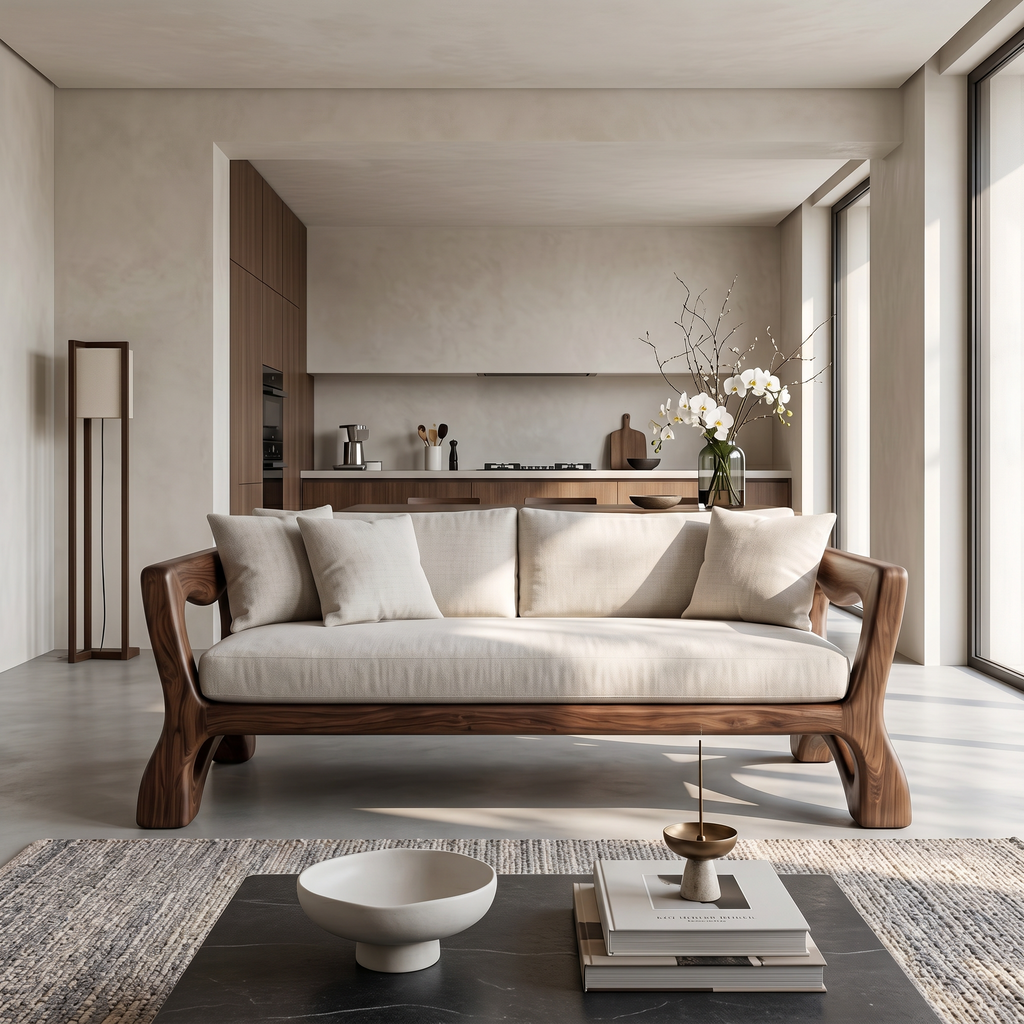 Sculptural Sofa Frame With Solid Wood Armrests For Living Room