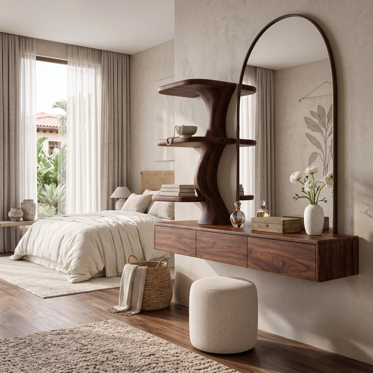 Sculptural Wall Mounted Dressing Table With Floating Drawer For Luxury Bedroom