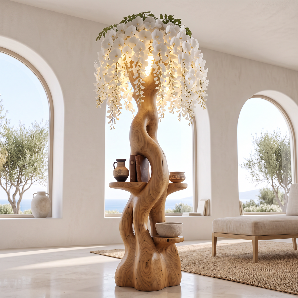Rustic Wooden Floor Lamp With Sculptural Floral Canopy For Living Room