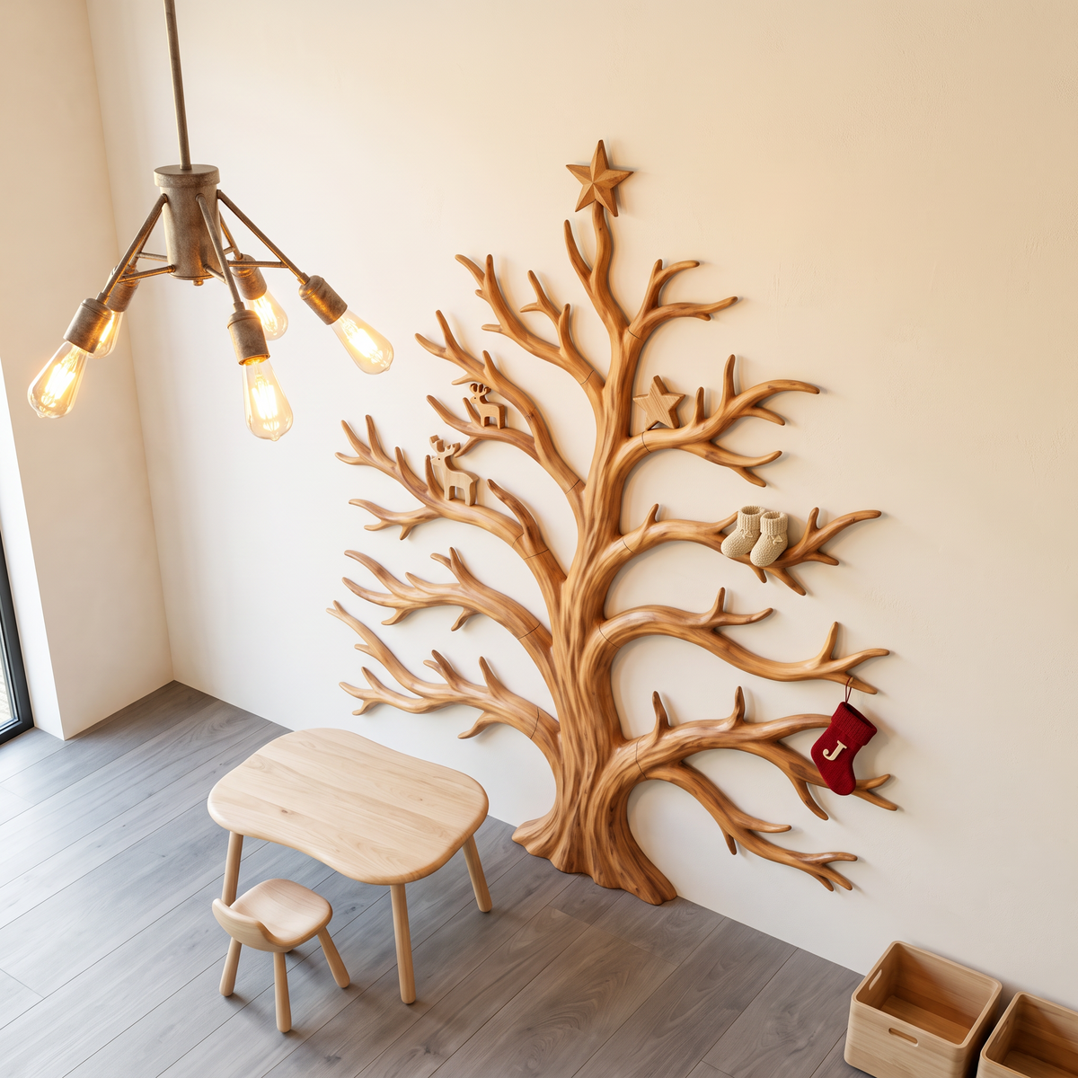 Rustic Christmas Wooden Wall Sculpture With Bare Branch Tree Design For Living Room