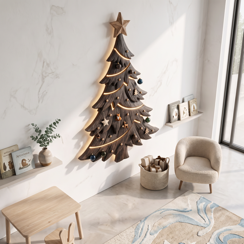 Contemporary Xmas Wall Sculpture With Evergreen Silhouette For Living Room