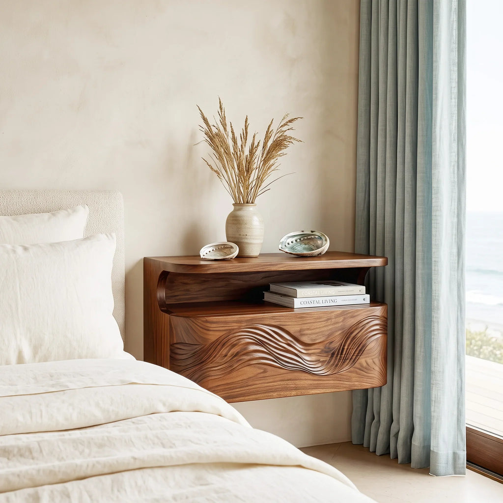 Organic Wave Carved Floating Nightstand For Bedroom