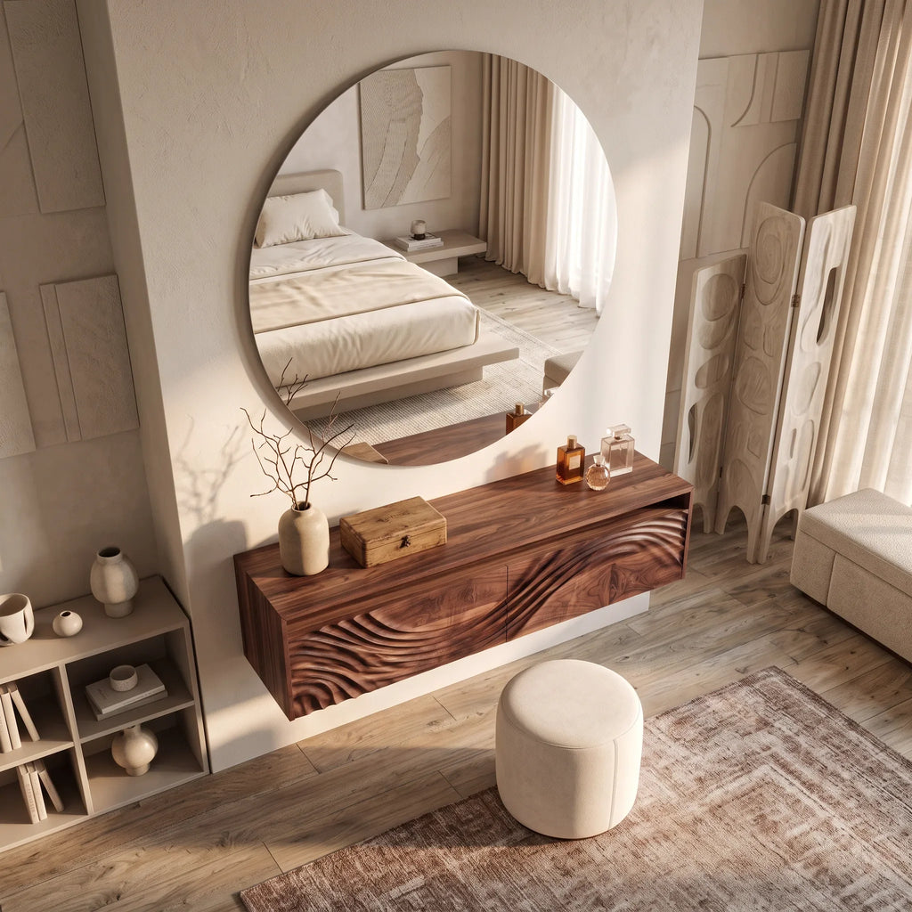 Contemporary Wall Mounted Makeup Vanity Relief Carved Drawers For Bedroom