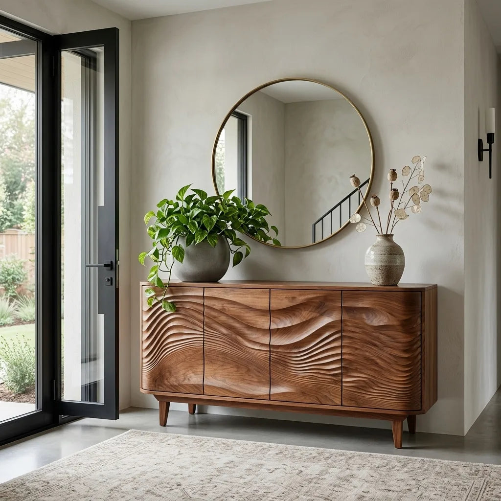 Modern Layered Wave Carved Sideboard For Living Room