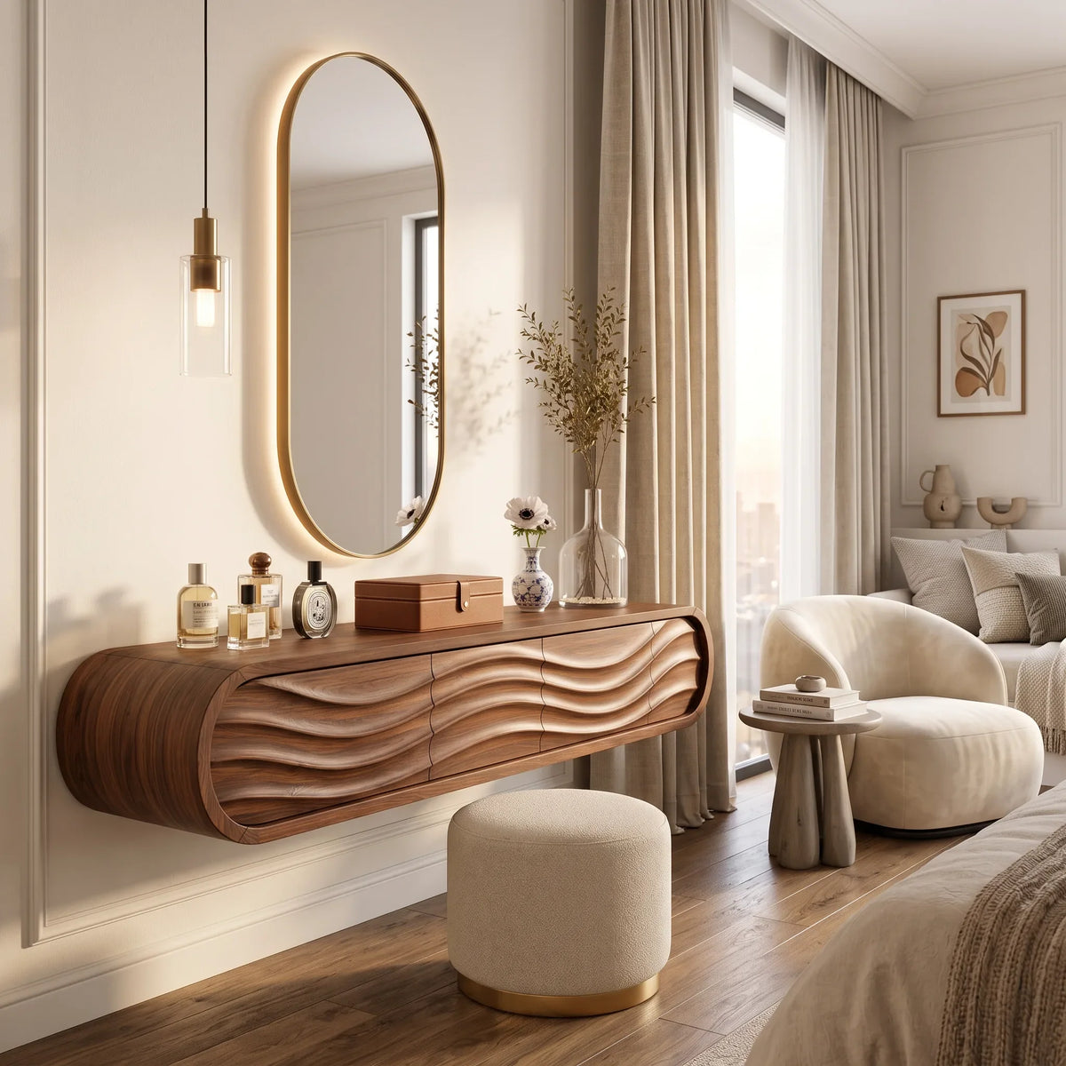 Organic Wall Mounted Makeup Vanity Carved Ribbed Drawers For Bedroom
