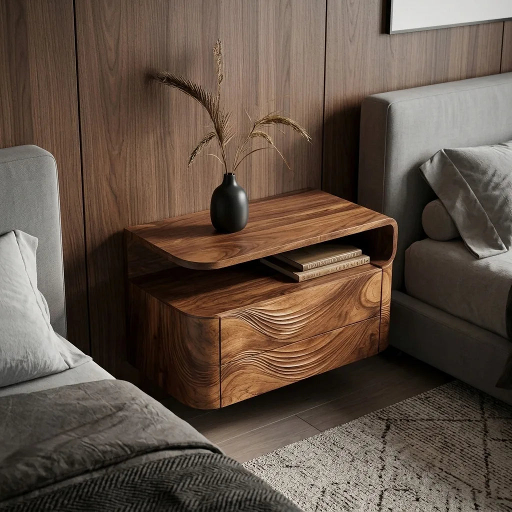 Contemporary Wave Carved Floating Nightstand For Bedroom