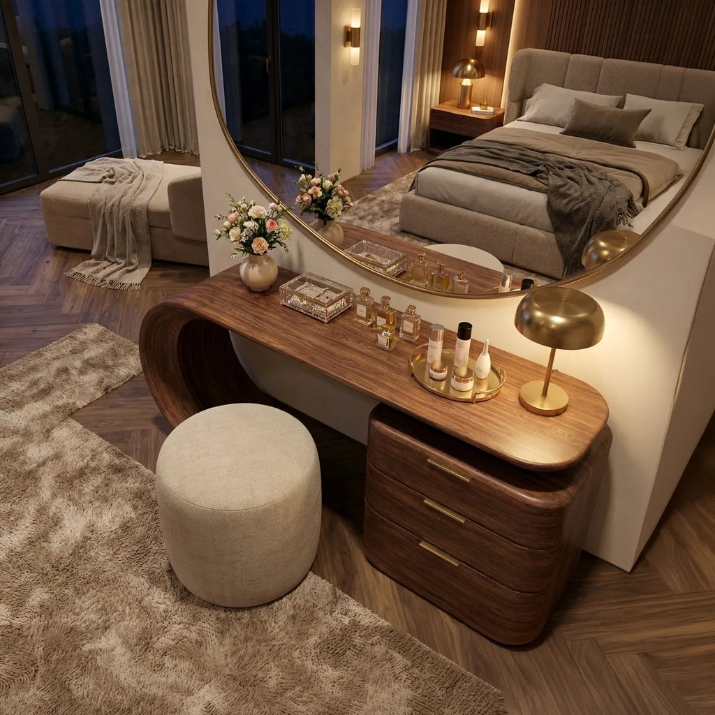Modern Makeup Vanity Sculptural Curved Base For Luxury Bedroom