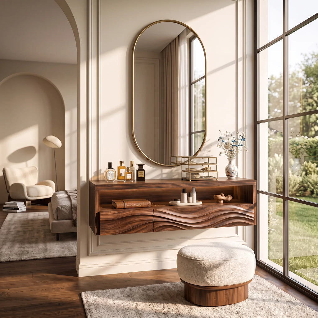 Sculptural Wall Mounted Makeup Vanity Wave Carved Drawers For Bedroom