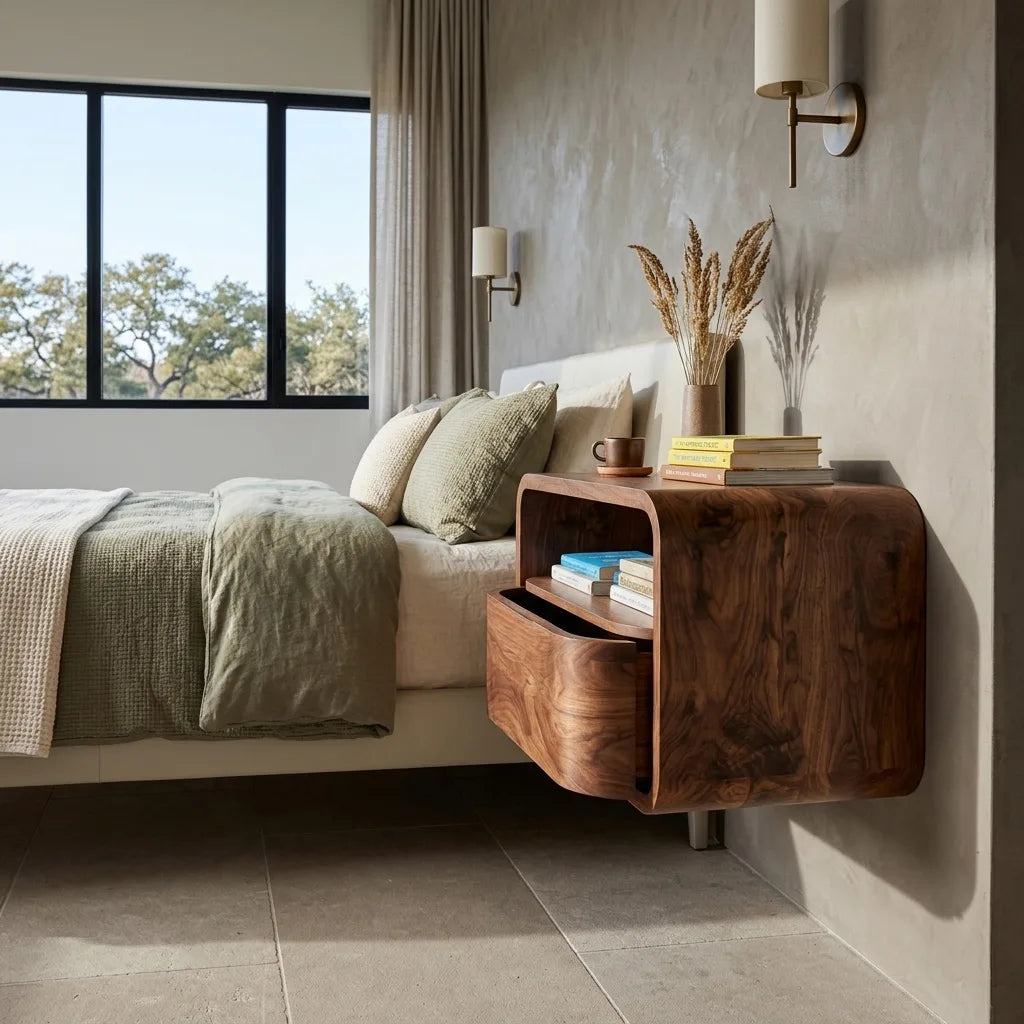 Modern Curved Open Shelf Floating Nightstand For Bedroom