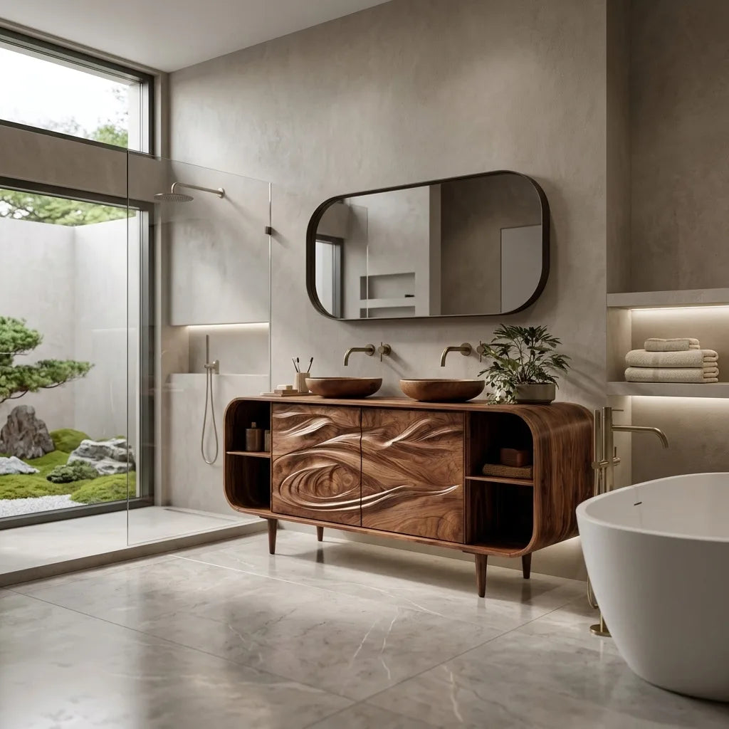 Mediterranean Sculptural Carved Bathroom Vanity For Master Bathroom