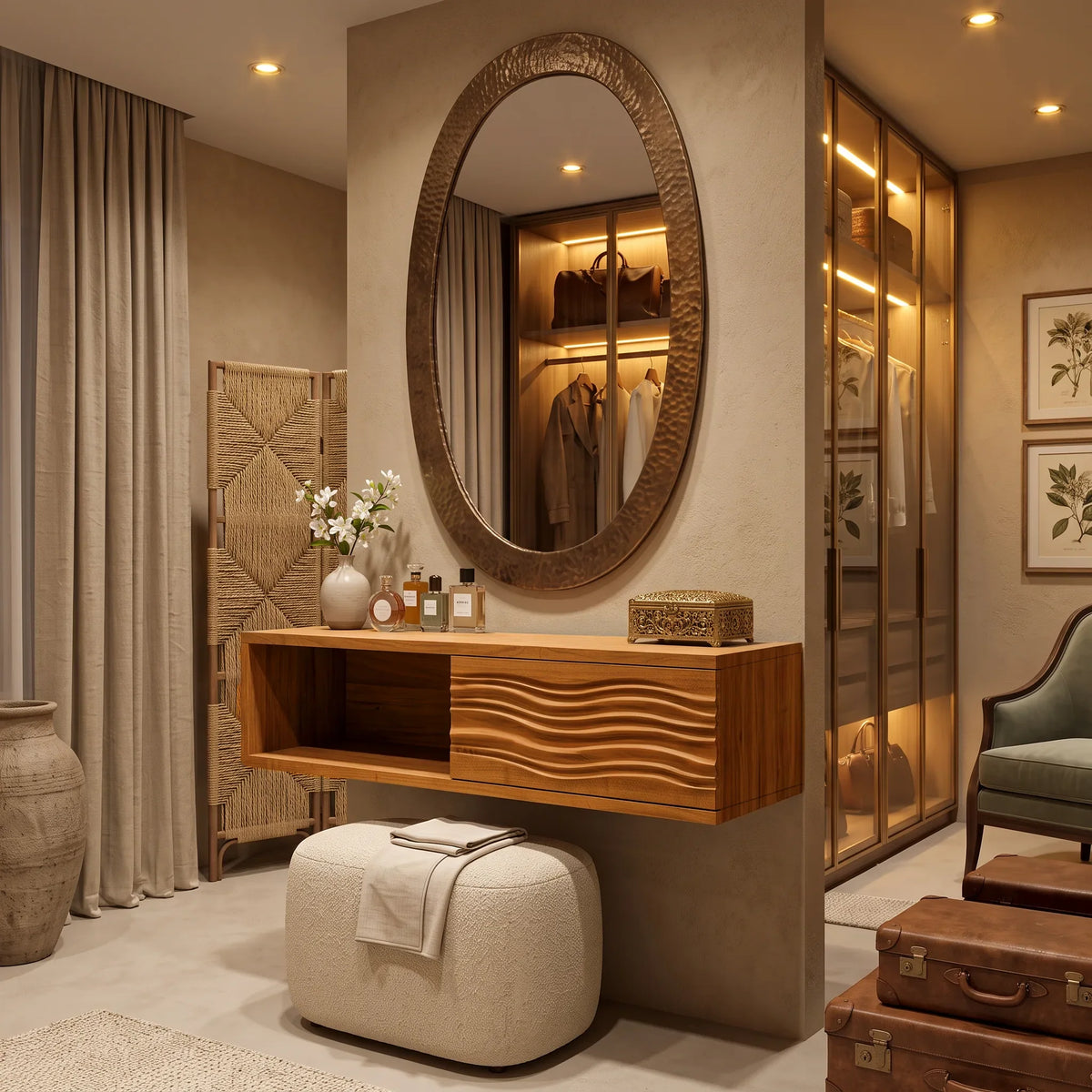 Modern Floating Makeup Vanity Ripple Carved Drawer Front For Bedroom