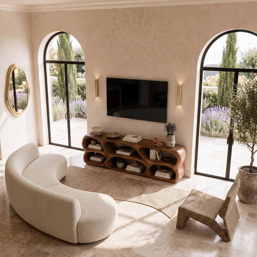 Sculptural TV Stand Rounded Open Shelves For Modern Living Room