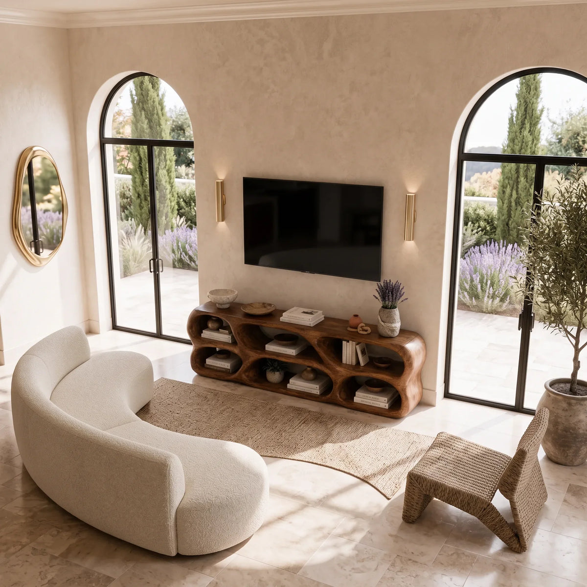 Sculptural TV Stand Rounded Open Shelves For Modern Living Room