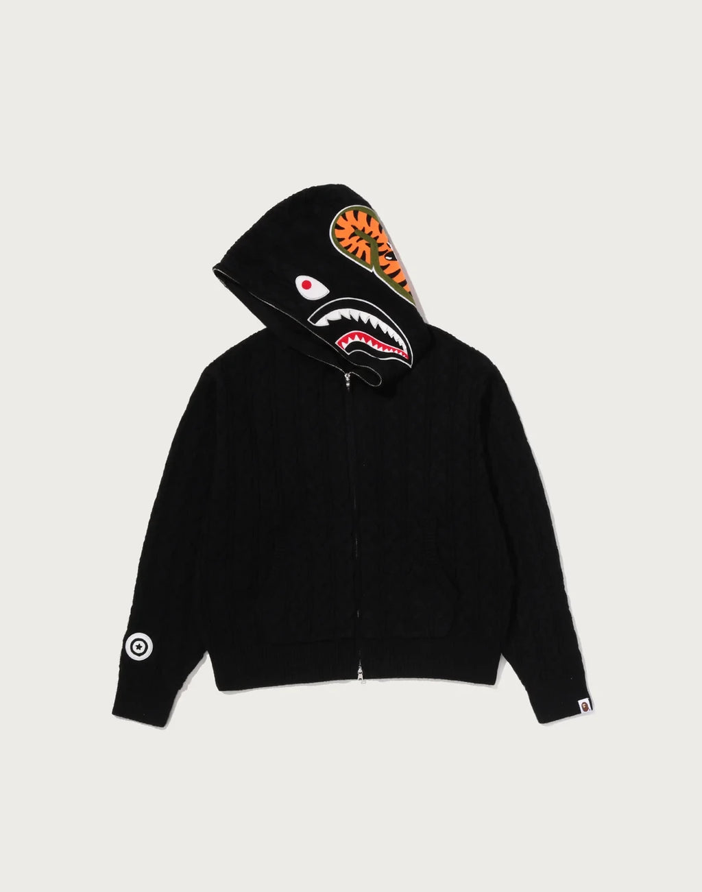 Cable-Knit Full-Zip Graphic Hoodie - Black