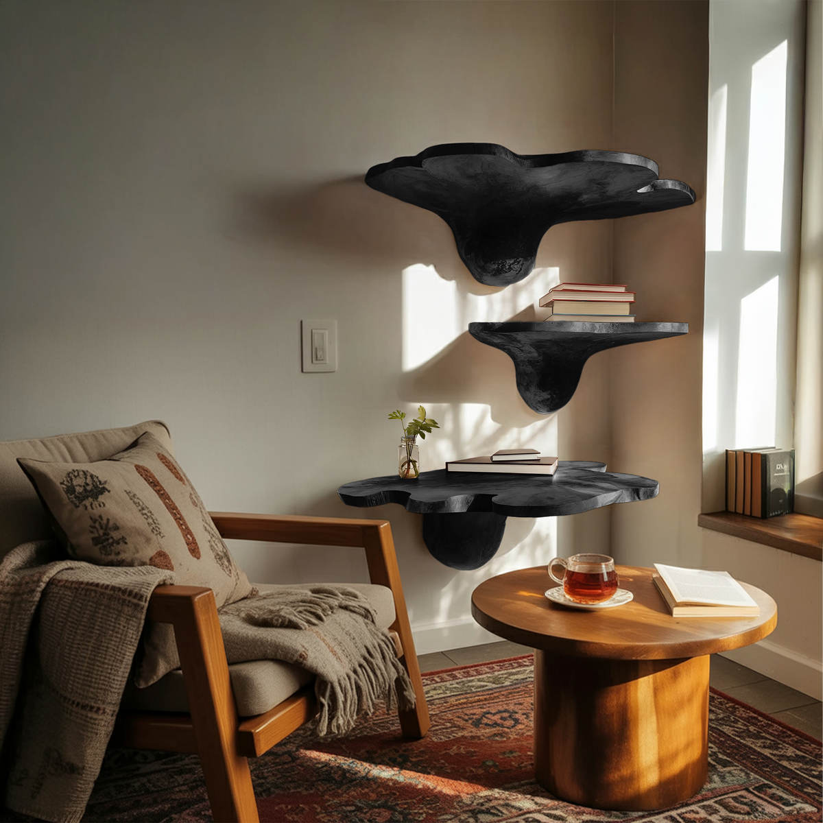 Mid Century Solid Wood Mushroom Shelf For Modern Living Room Decor