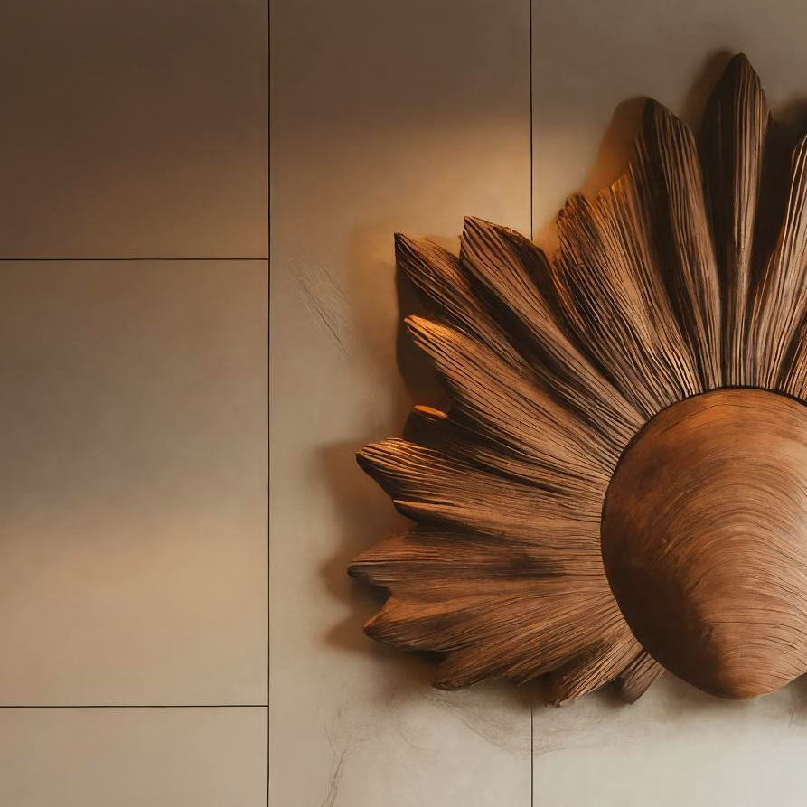 Sculptural Wall Art With Sunburst Carved Design For Living Room