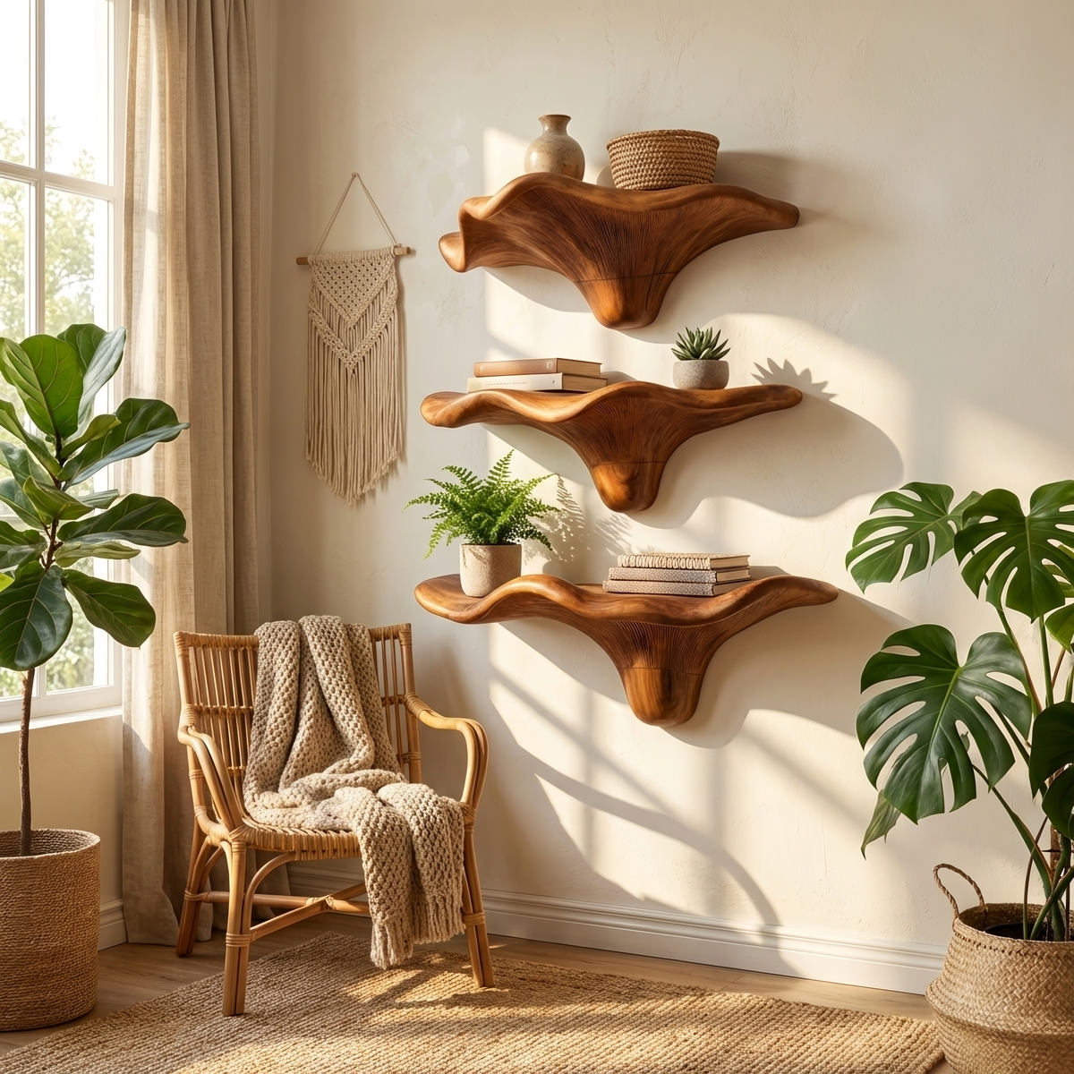 Mid Century Wooden Live Edge Mushroom Shelf For Living Room Decor